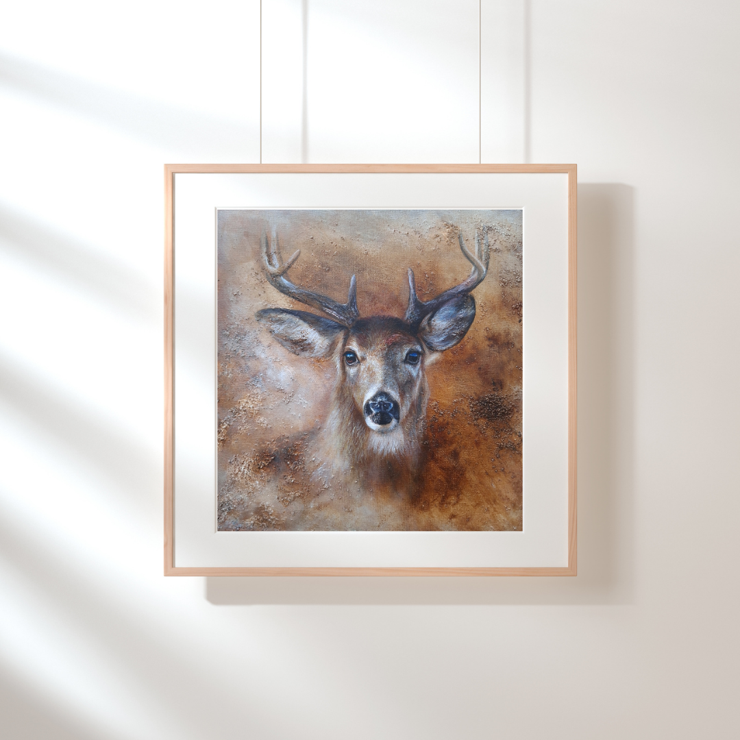 A framed art print of a deer portrait hanging on a white wall. The artwork depicts a brown deer with antlers against a textured brown and beige background, set in a light wood frame with a white mat.