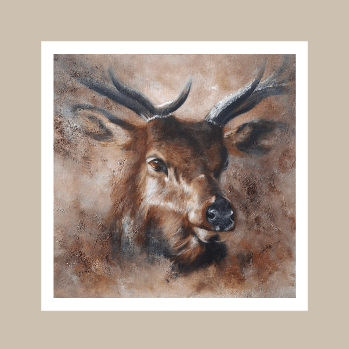 A square art print featuring a painted deer head with antlers, centered on a white border against a beige background.