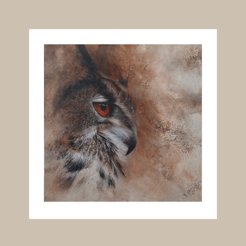 A square art print featuring a close-up portrait of an owl with a brown and gray textured background and a white border, centered on a beige background.