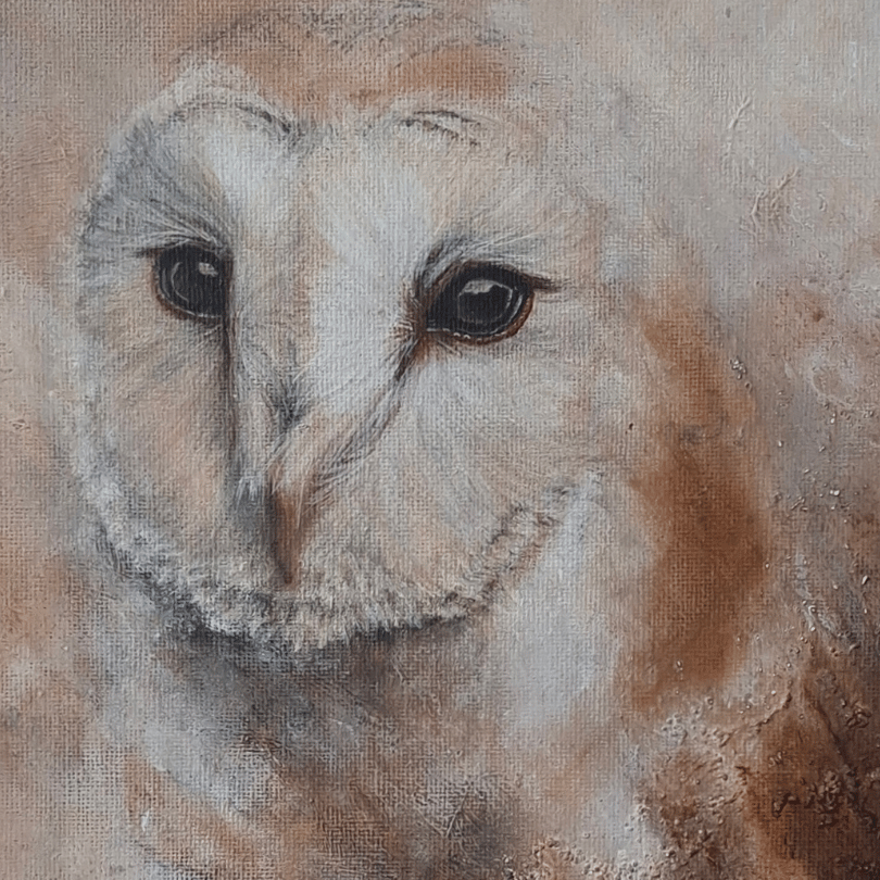 A close-up painted owl portrait with soft beige, brown, and white tones, showing the owl's face and dark eyes against a textured neutral background.