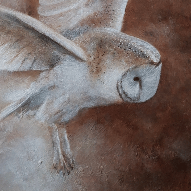 A close-up painted depiction of an owl in soft neutral and brown tones, filling the frame with textured brushwork.