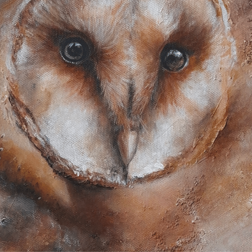 A close-up painted or printed artwork of a barn owl's face, filling the frame with warm brown, beige, and gray tones.