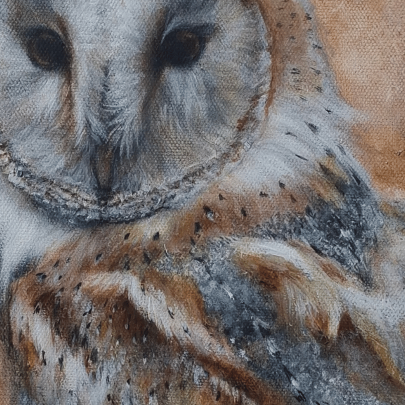 A close-up painting of an owl with detailed feathers in shades of brown, white, gray, and black, filling the frame.