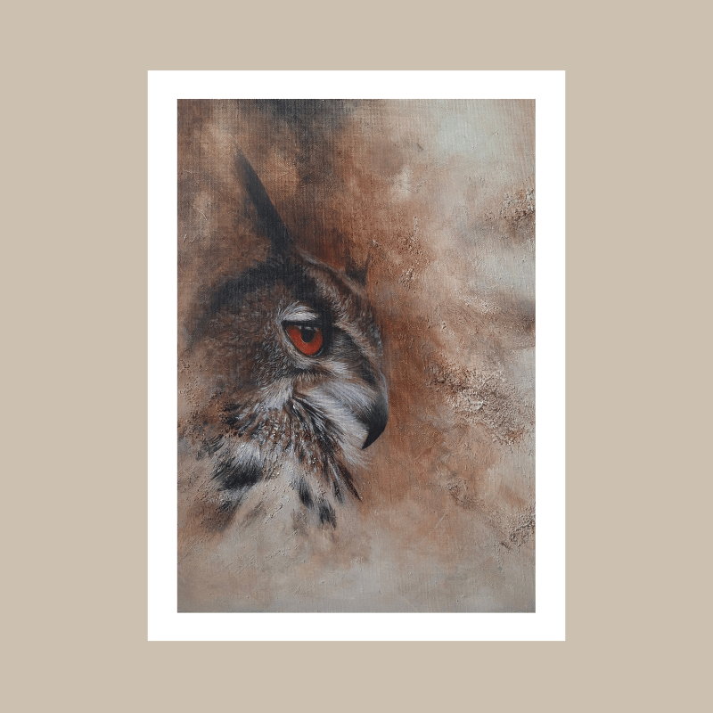 A framed art print featuring a textured painting of an owl's head in profile, with a white mat border and a warm beige background.