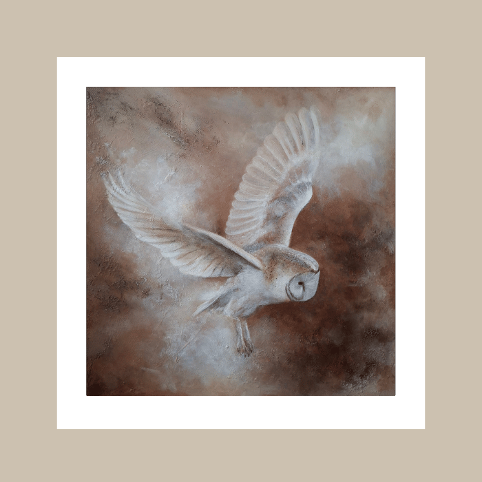 A square art print depicting a flying owl in soft brown, beige, and white tones, centered within a wide white border on a warm beige background.