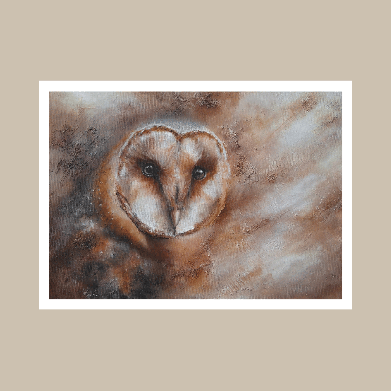 A square art print featuring a painted barn owl with a heart-shaped face in warm brown, beige, and cream tones, centered on a light beige background with a white border.