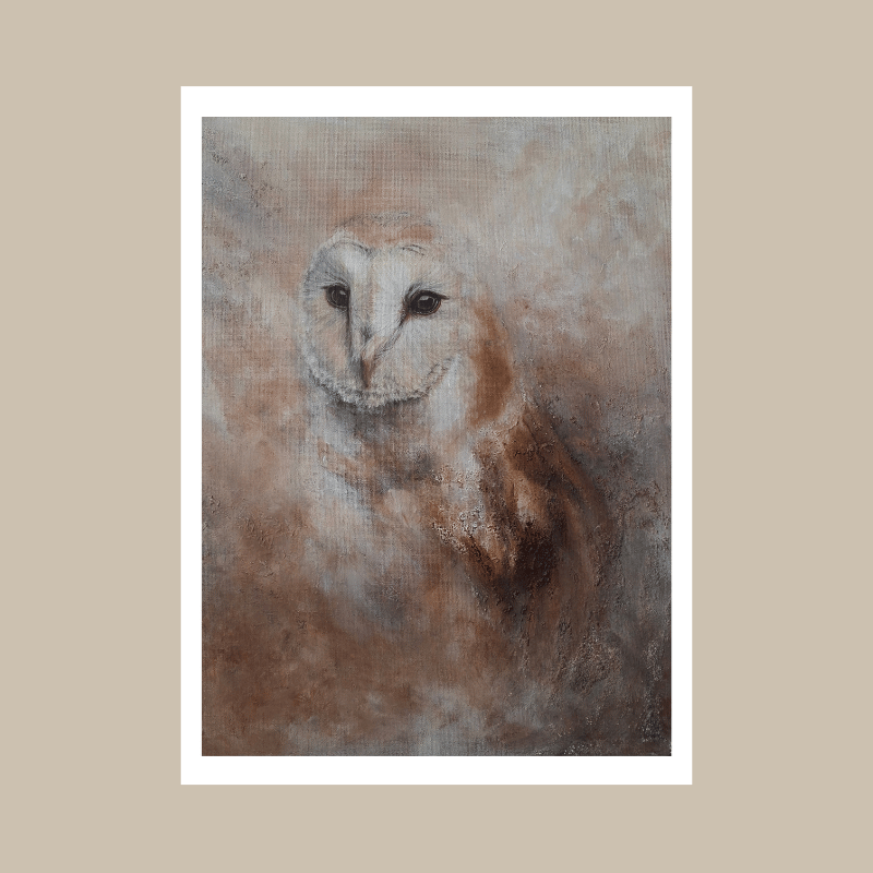 A square art print featuring a textured, painterly depiction of a barn owl in muted brown, beige, and gray tones, centered on a light beige background with a white border.