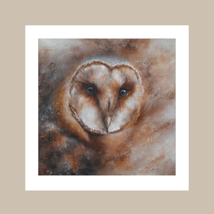 A square art print featuring a textured painting of a barn owl with a heart-shaped face, centered within a white border on a beige background.